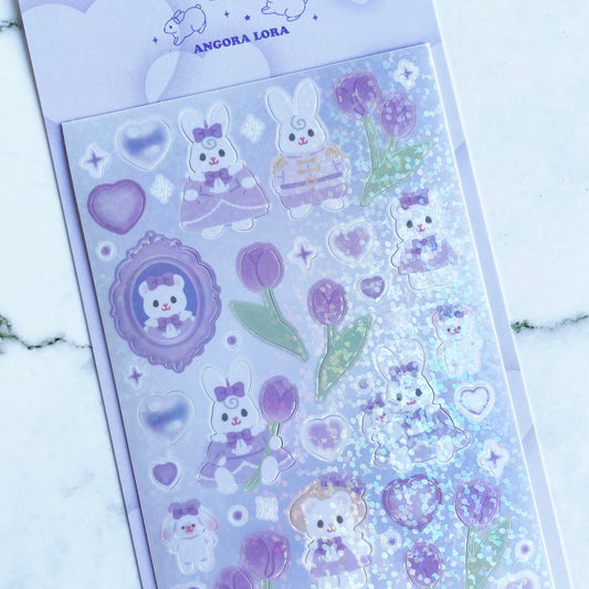 Angora Lora Purple Bunny Flowers sparkle sticker B471
