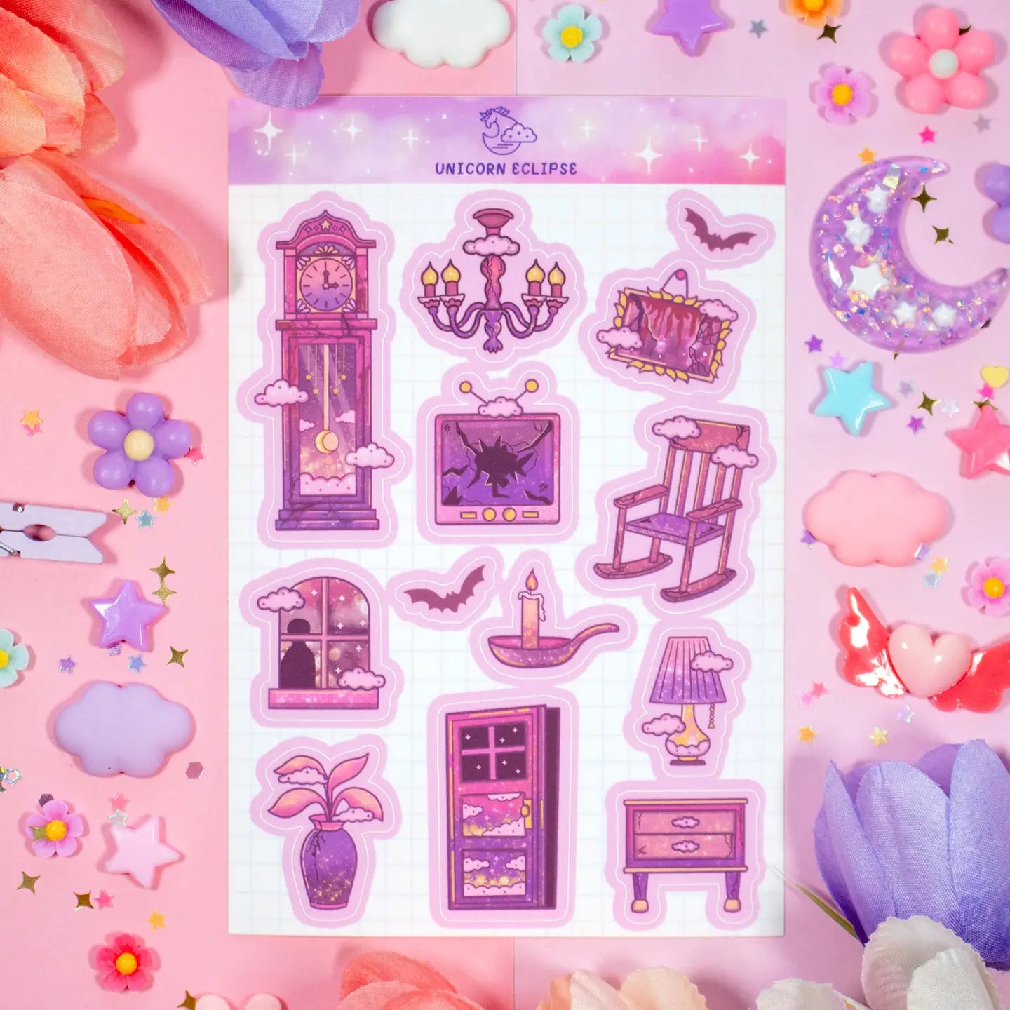 Unicorn Eclipse Haunted House Sticker sheet H7