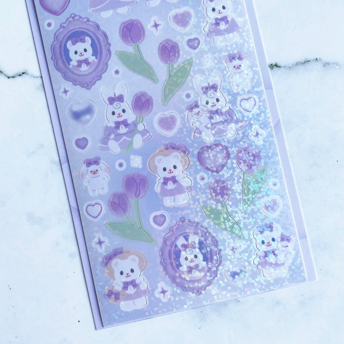Angora Lora Purple Bunny Flowers sparkle sticker B471