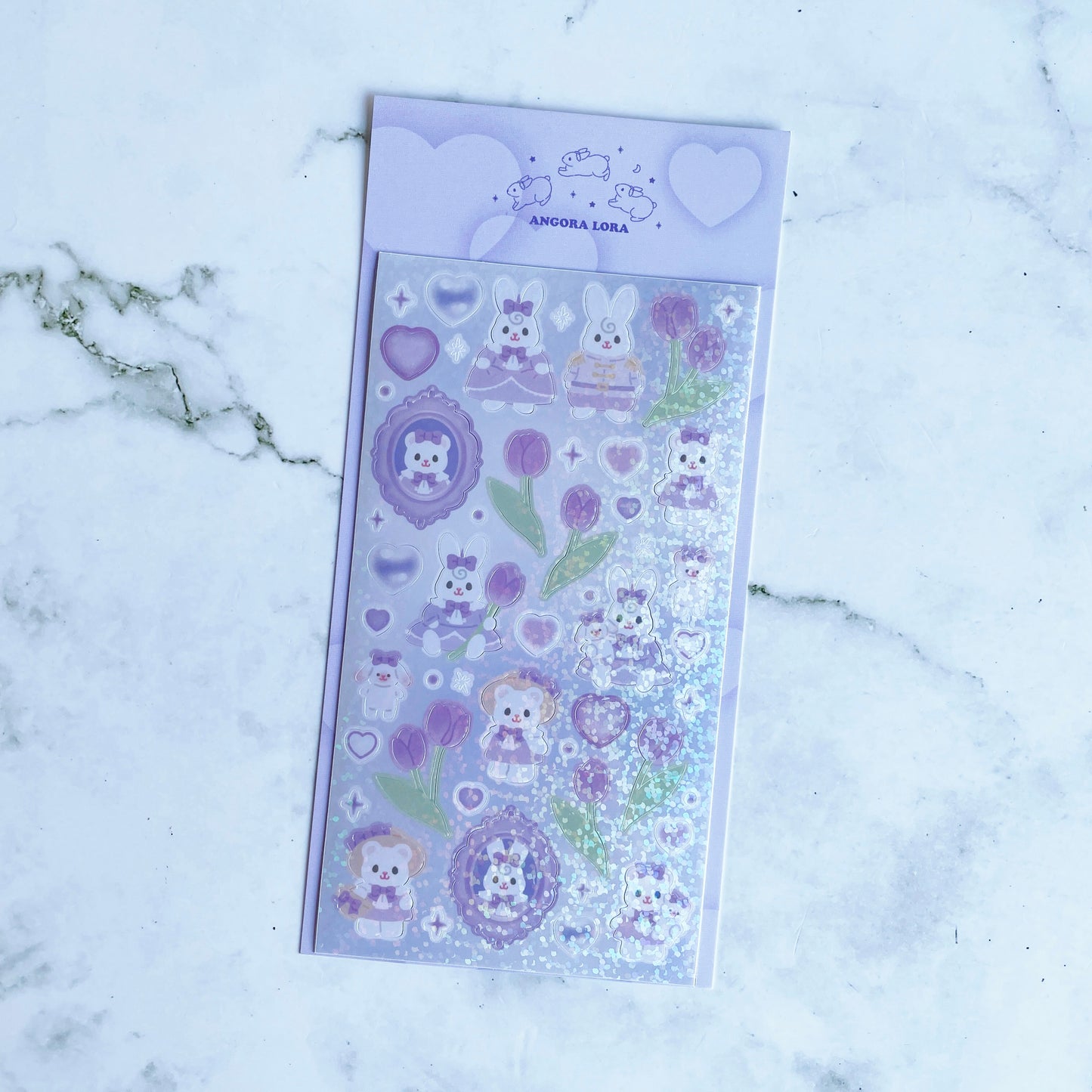Angora Lora Purple Bunny Flowers sparkle sticker B471