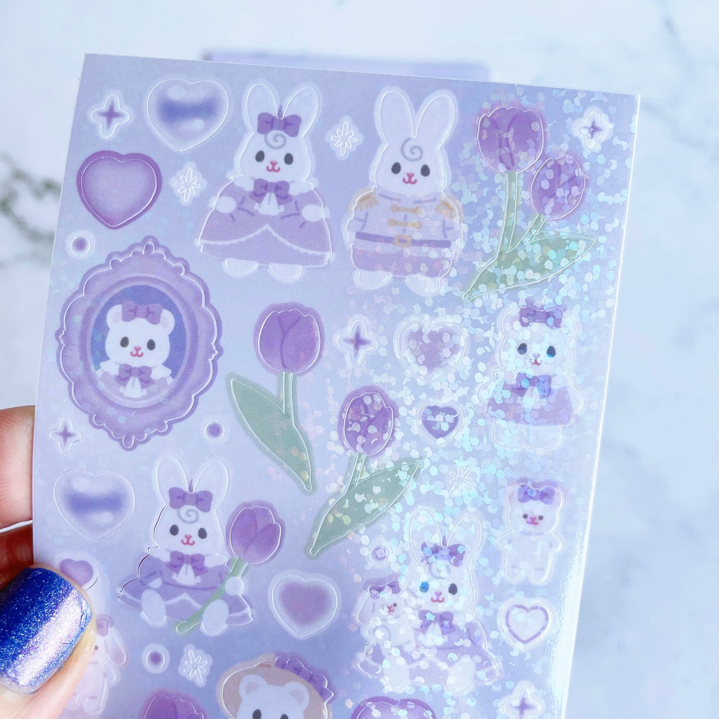 Angora Lora Purple Bunny Flowers sparkle sticker B471