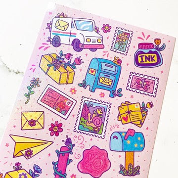 Turtle's Soup Happy Mail Cute Postage Pen Pal sparkle Sticker Sheet b394